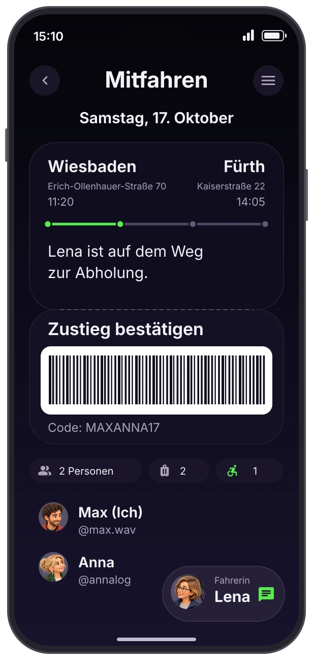 Mitfahrt in der VIA X App