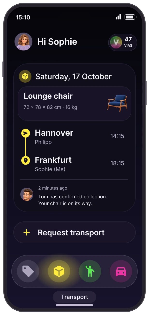 VIA X app item transport